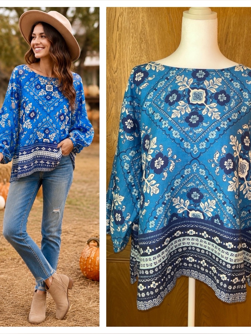 Johnny Was Ciena Linen Boatneck Blouse Blue Bandana Print NWT